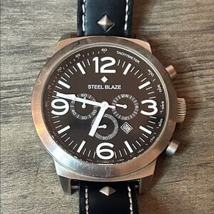 Steel Blade Men’s Watch Stainless Steel Case Leather Strap #W002 New Battery